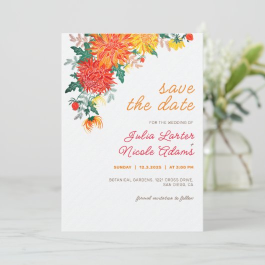 Pastel Orange Yellow Spring Dahlia Blume Hochzeit Save The Date (Stehend Vorderseite)