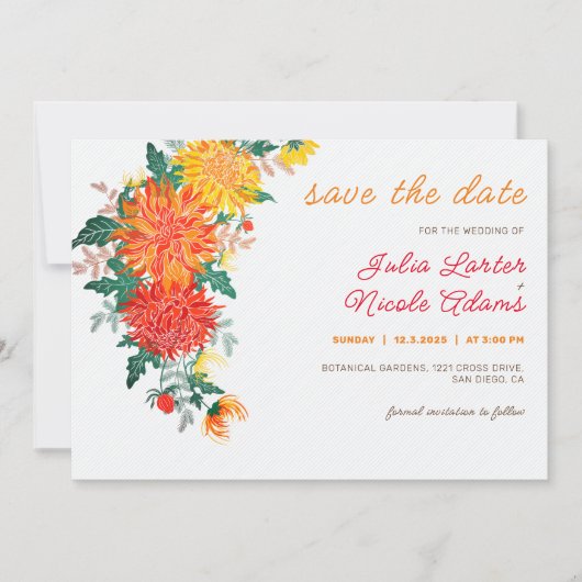 Pastel Orange Yellow Spring Dahlia Blume Hochzeit Save The Date (Vorderseite)