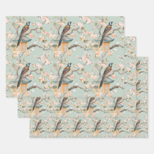 Pastel Orientalischer Vogel und Fruchtblüten Geschenkpapier Set