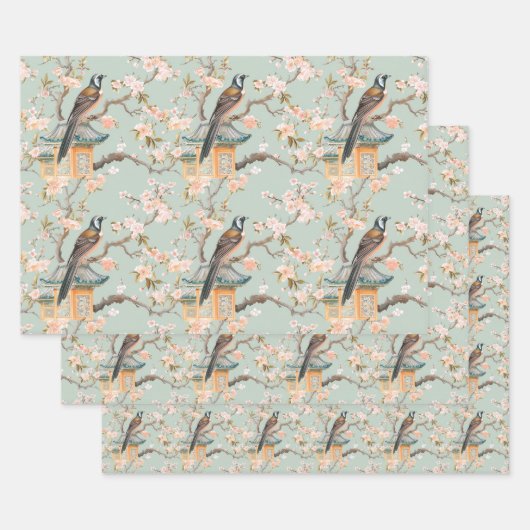 Pastel Orientalischer Vogel und Fruchtblüten Geschenkpapier Set (Set)