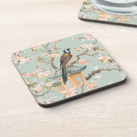 Pastel Orientalischer Vogel und Fruchtblüten Getränkeuntersetzer (Linke Seite)