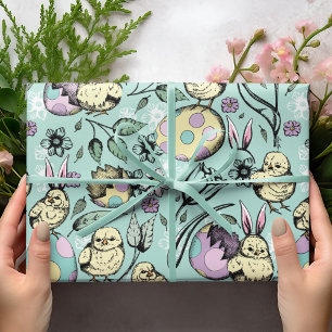 Pastel Osterküken & Bunny Ohren, Eier, Blume Geschenkpapier