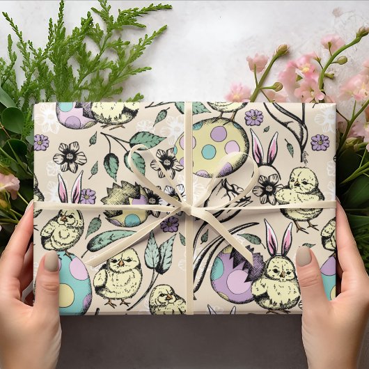 Pastel Osterküken & Bunny Ohren, Eier, Blume Geschenkpapier
