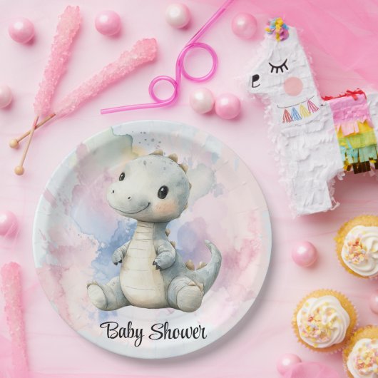 Pastel Paint Splash Adorable Dinosaur Kinderdusche Pappteller (Party)