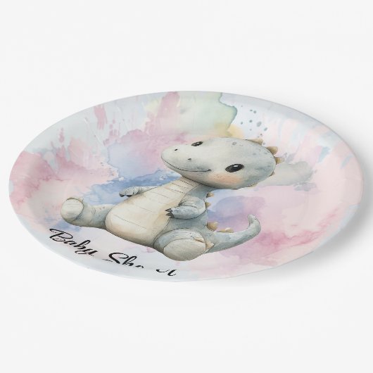 Pastel Paint Splash Adorable Dinosaur Kinderdusche Pappteller (Schrägansicht)
