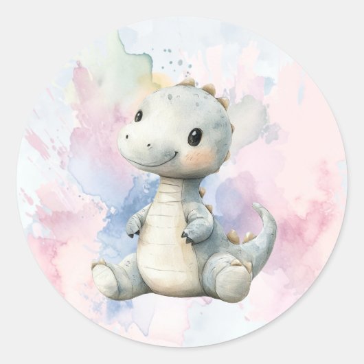 Pastel Paint Splash Adorable Dinosaur Kinderdusche Runder Aufkleber (Vorderseite)