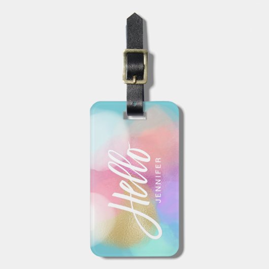 Pastel Paint Splotches Hallo Typografie mit Namen Gepäckanhänger (Vorderseite vertikal)