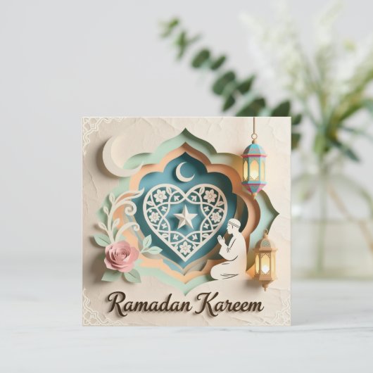 Pastel Papercut Ramadan Kareem Greeting Einladung (Stehend Vorderseite)