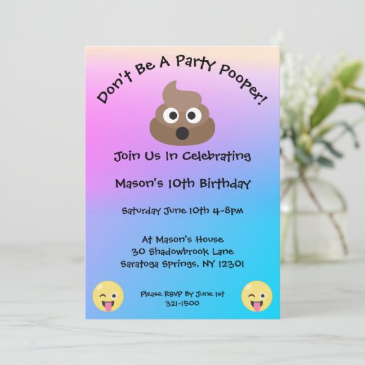 Pastel Party Pooper Emoji Birthday Einladung (Stehend Vorderseite)
