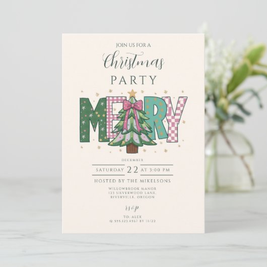 Pastel Patchwork Merry Christmas Einladung (Stehend Vorderseite)