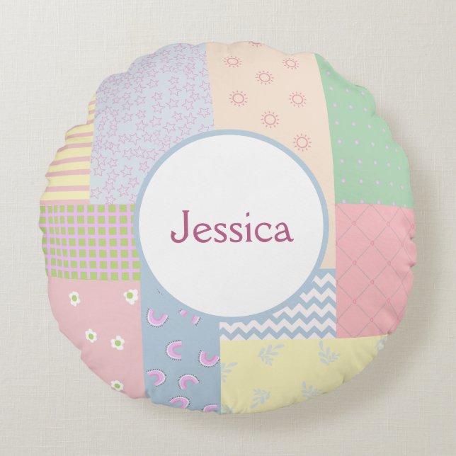 Pastel Patchwork Rundes Kissen (Vorderseite)