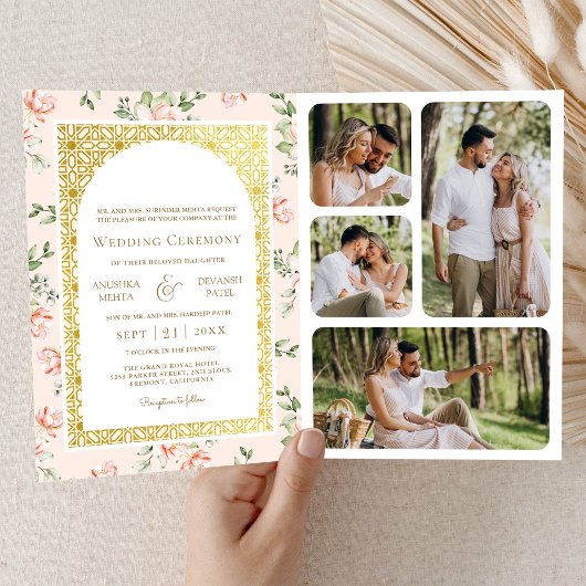 Pastel Peach floral All in One Gold indische Hochz Einladung