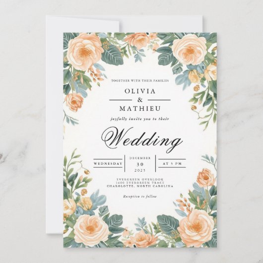 Pastel Peach floral Border Wedding Einladung (Vorderseite)