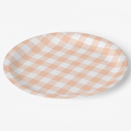 Pastel Peach Gingham Kariert Pattern Pappteller (Schrägansicht)