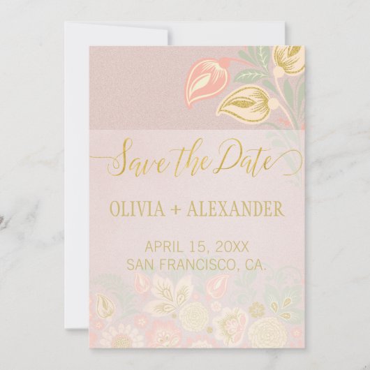 Pastel Peach Gold Bloral Spring Rosa Blush Hochzei Save The Date (Vorderseite)