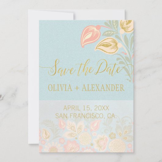 Pastel Peach Gold Floral Spring Light Blue Wedding Save The Date (Vorderseite)