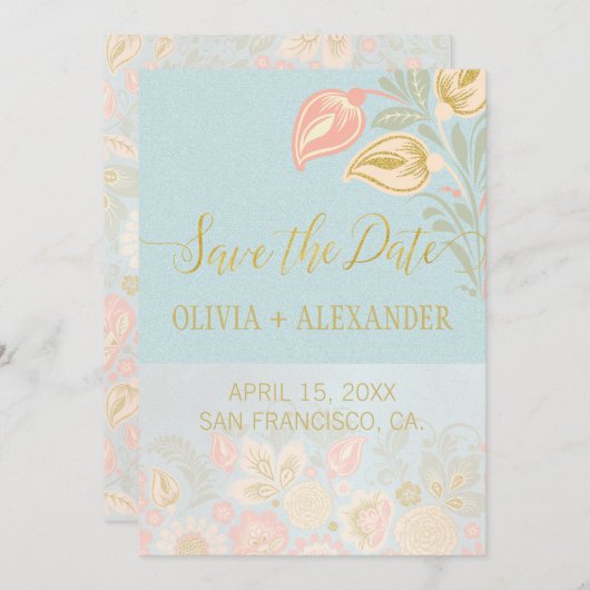 Pastel Peach Gold Floral Spring Light Blue Wedding Save The Date (Vorne/Hinten)