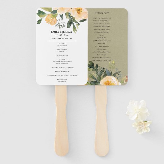 PASTEL PEACH KRAFT PEONY FLORAL WEDDING PROGRAMM FÄCHER (Vorne und Hinten)