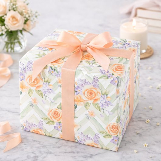 Pastel Peach Lavender Floral Sage Chevron Birthday Geschenkpapier