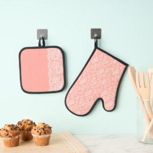 PASTEL PEACH MIT WEISSEN KLEINEN BRANCHEN & LACE S OFENHANDSCHUH & Topflappen-Set