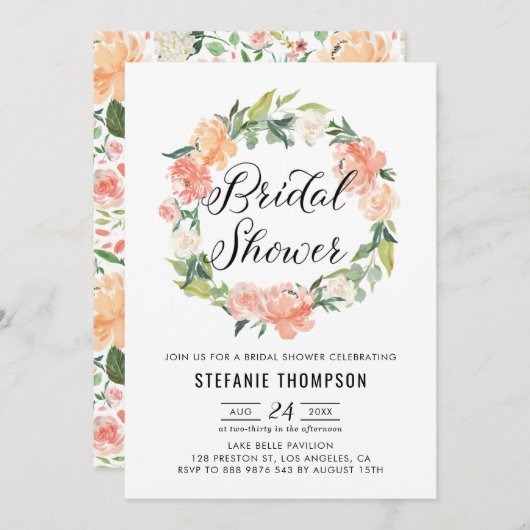 Pastel Peach Peonies Blumenkranz Brautparty Einladung (Vorne/Hinten)