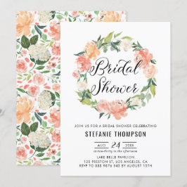 Pastel Peach Peonies Blumenkranz Brautparty Einladung