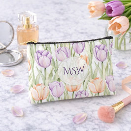 Pastel Peach Purple Tulips Monogram Cosmetic Zubehörtasche