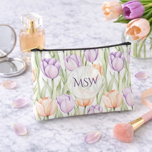 Pastel Peach Purple Tulips Monogram Cosmetic Zubehörtasche