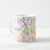 Pastel Peach Purple Tulips Spring Floral Monogram Kaffeetasse (Vorderseite Links)