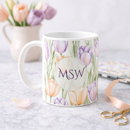 Pastel Peach Purple Tulips Spring Floral Monogram Kaffeetasse