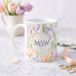 Pastel Peach Purple Tulips Spring Floral Monogram Kaffeetasse