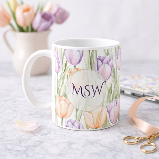 Pastel Peach Purple Tulips Spring Floral Monogram Kaffeetasse