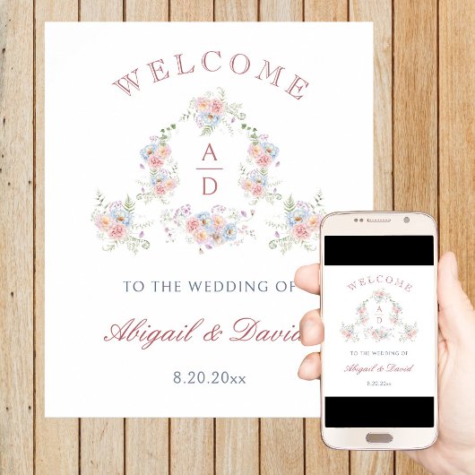 Pastel Peonies Rahmen Hochzeitsmonogramme Willkomm Poster