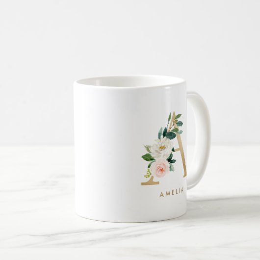 Pastel Peony Floral Letter A Gold Foil Monogramm Kaffeetasse (VorderseiteRechts)