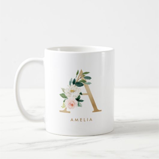 Pastel Peony Floral Letter A Gold Foil Monogramm Kaffeetasse (Links)