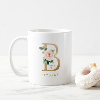 Pastel Peony Floral Letter B Gold Foil Monogramm Kaffeetasse