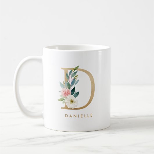 Pastel Peony Floral Letter D Gold Foil Monogramm Kaffeetasse (Links)