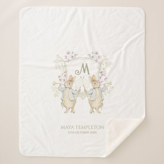 Pastel Peter der Rabbit Monogram Twins Baby Dusche Sherpadecke (Vorderseite)