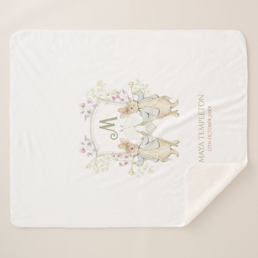 Pastel Peter der Rabbit Monogram Twins Baby Dusche Sherpadecke (Vorderseite (Horizontal))