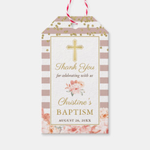 Pastel Pfirsich Floral Gold Cross Girl Taufe Geschenkanhänger