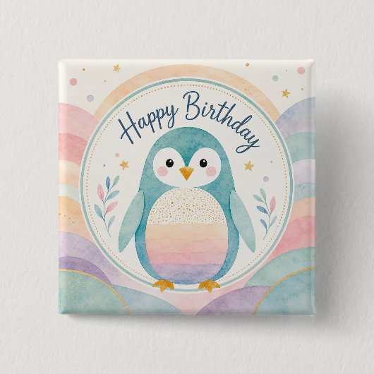 Pastel-Pinguin-Regenbogen-Geburtstagsfeier Button (Vorderseite)