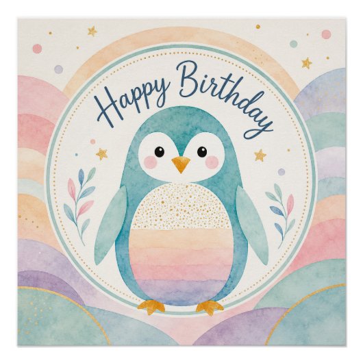 Pastel-Pinguin-Regenbogen-Geburtstagsfeier Poster (Vorderseite)