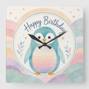 Pastel-Pinguin-Regenbogen-Geburtstagsfeier Quadratische Wanduhr