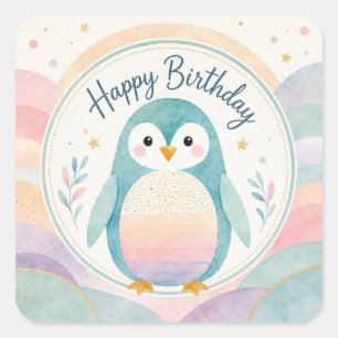 Pastel-Pinguin-Regenbogen-Geburtstagsfeier Quadratischer Aufkleber