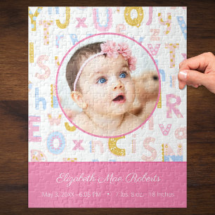 Pastel Pink ABC Birth Record Stat Baby Girls Foto Puzzle