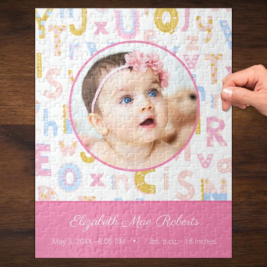 Pastel Pink ABC Birth Record Stat Baby Girls Foto Puzzle