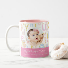 Pastel Pink ABC Birth Record Stat Baby Girls Foto Zweifarbige Tasse