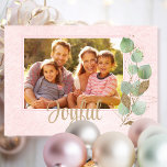 Pastel Pink Airy Traditionelles, stilvolles Foto Karte<br><div class="desc">Die Karte ist hell rosa und eukalyptus,  leicht und luftig. Eine gute Möglichkeit,  ein Foto oder ein warmes Klima zu zeigen. Passen Sie Ihre Nachricht,  Fotos und Familiennamen an</div>