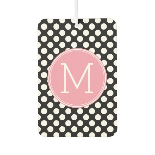 Pastel Pink and Black Polka Dots Custom Monogram Autolufterfrischer (Vorderseite)