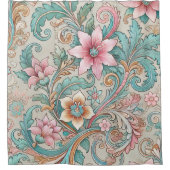 Pastel Pink Aquamarin Boho Indonesische Batik Flor Duschvorhang (Vorderseite)